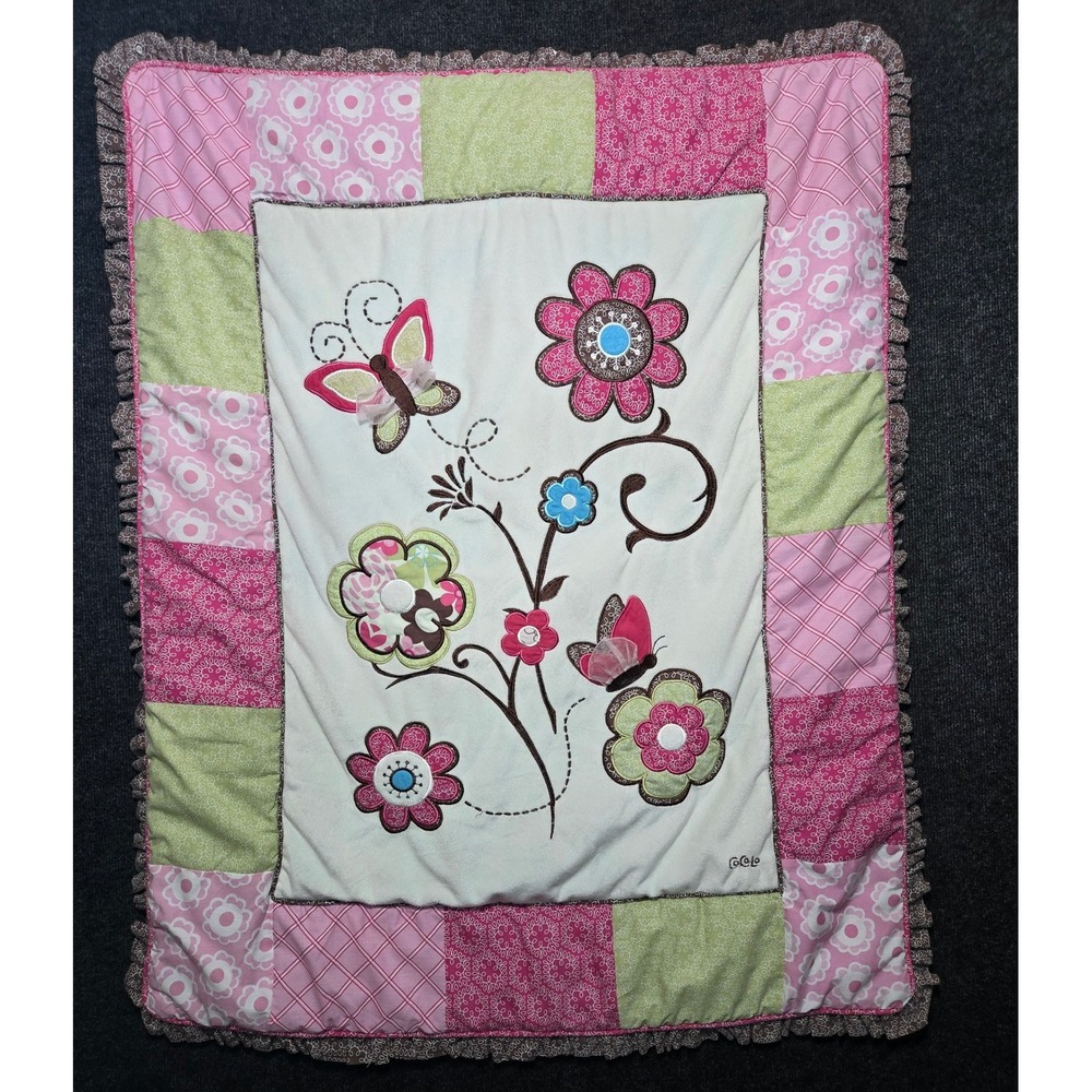 Cocalo Baby Pink Green Butterfly Floral Patchwork Crib Quilt Ruffle Trim 38x47